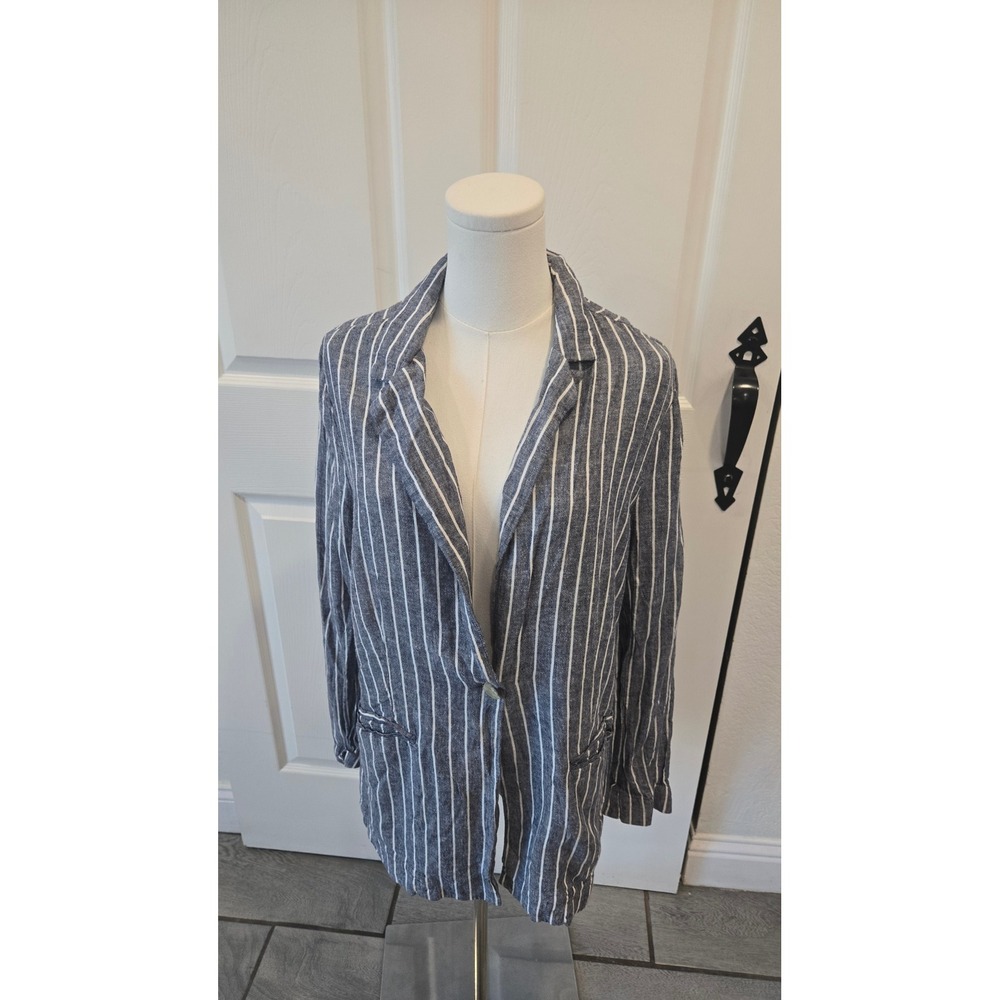 Lucky Brand Women Navy Blue White Striped Linen Blend Blazer Jacket‎ Large L